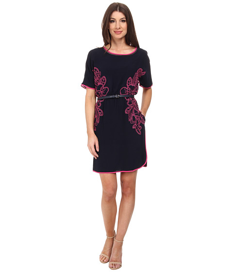 Adrianna Papell Embroidered Crepe Shift Dress w/ Belt 
