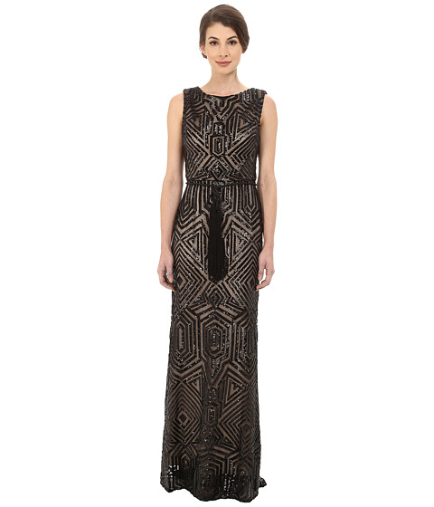 Vince Camuto All Over Geometric Sequin Gown w/ Fringe Sash 