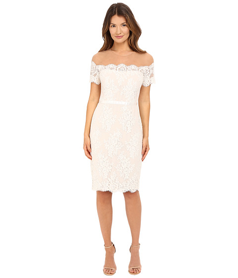Marchesa Notte Short Sleeve Lace Cocktail with Beaded Illusion Neckline 