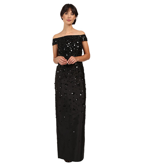 Adrianna Papell Fully Beaded Off Shoulder Gown 