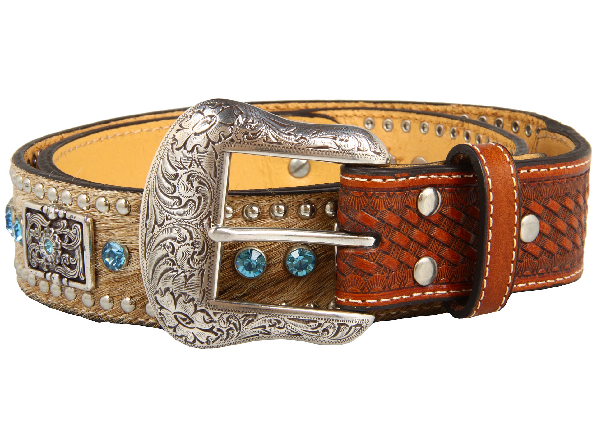 Nocona Hair Calf Belt with Studs, Rhinestones and Rectangle Conchos 