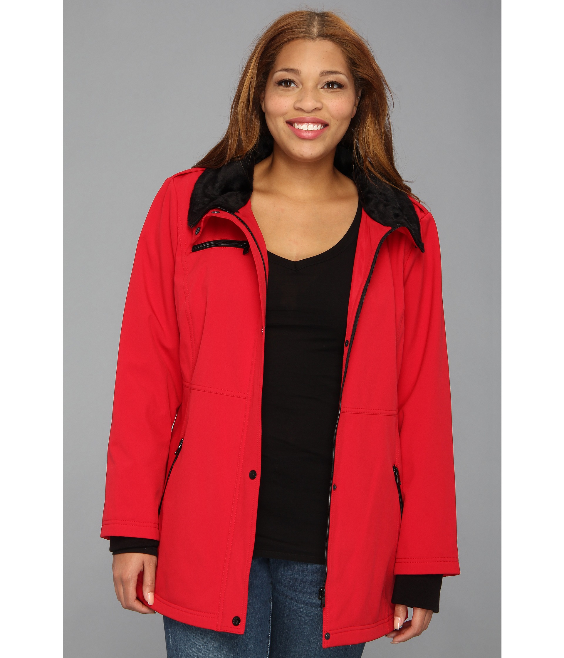 Jessica Simpson Plus Size Softshell Coat W Faux Fur Collar And Knit Cuff Red,