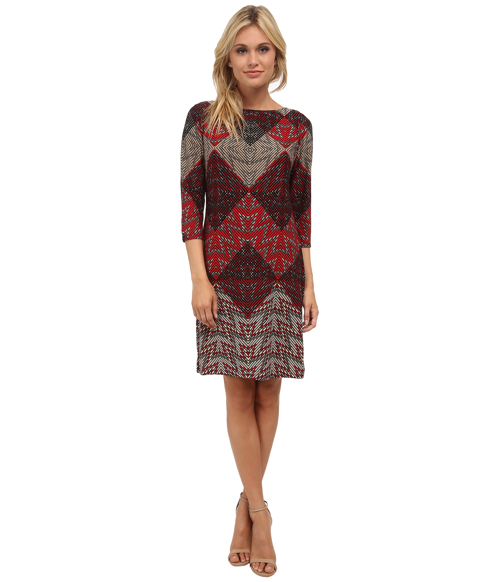 London Times Placement Print Shift Dress Red
